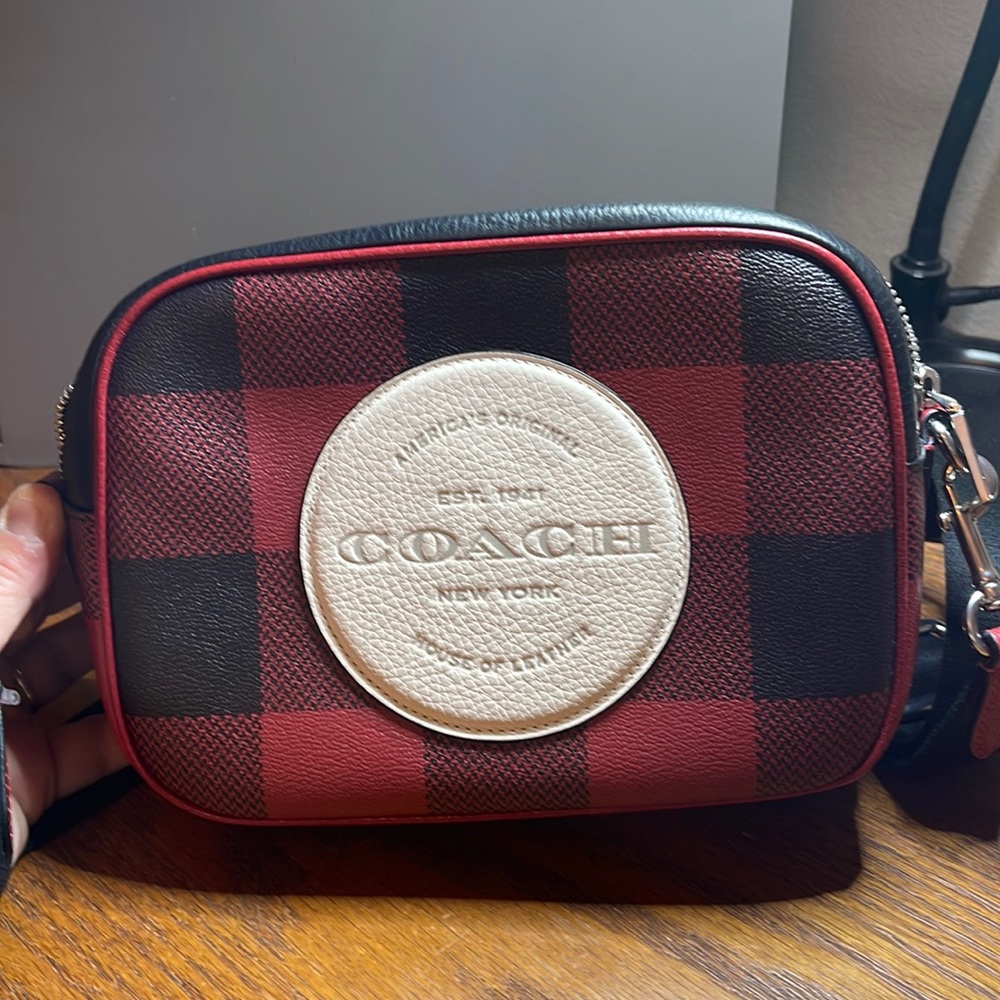 Coach camera crossbody plaid red and black new without tags.